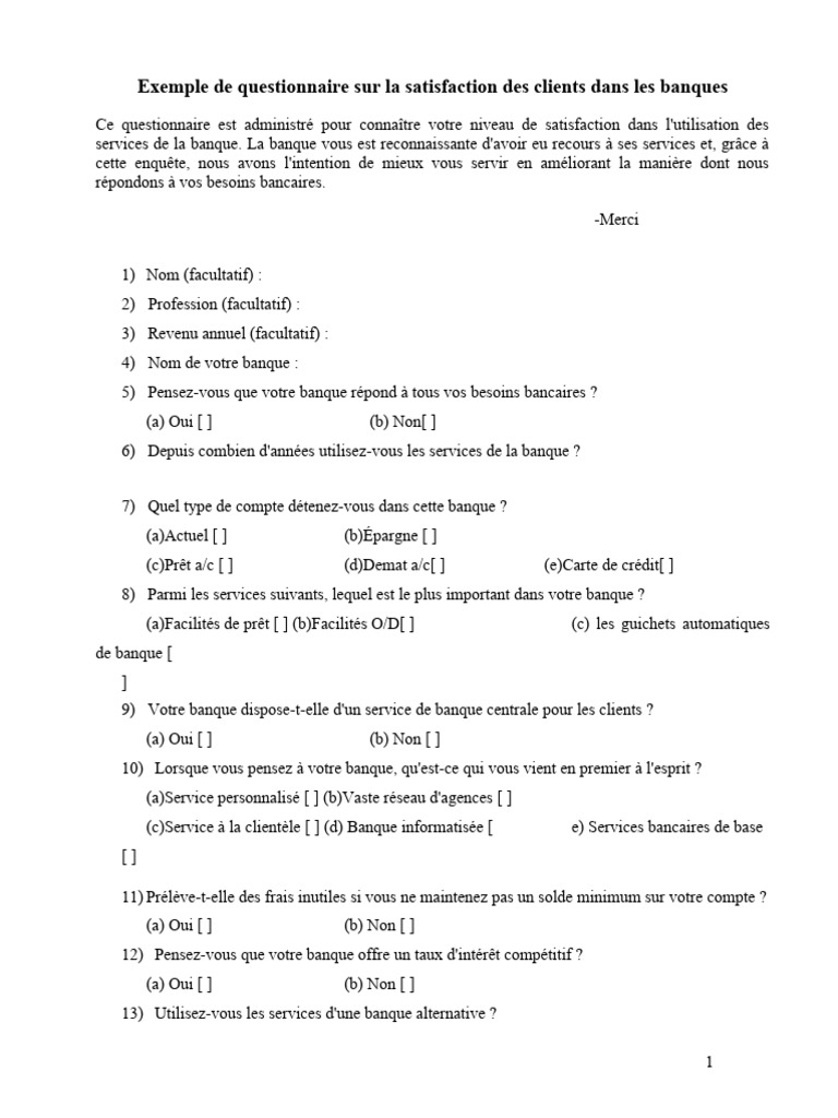 Questionnaire de Satisfaction Client Bancaire | PDF | Banques | Économie