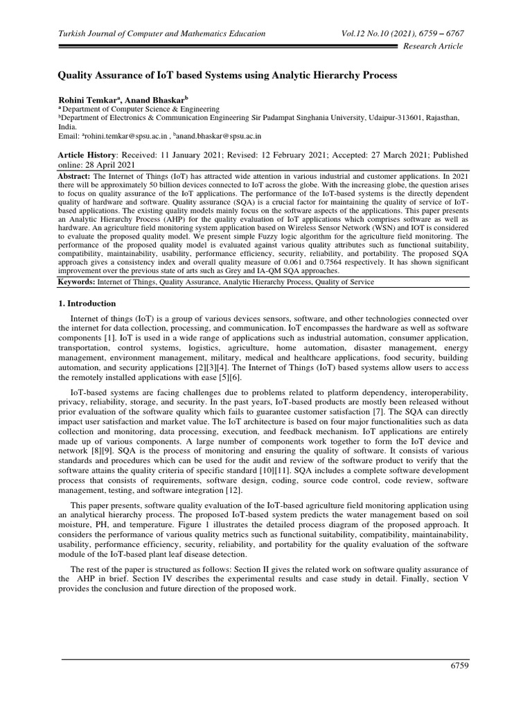 Quality Assurance of IoT Based Systems Using Analytic Hierarchy Process
