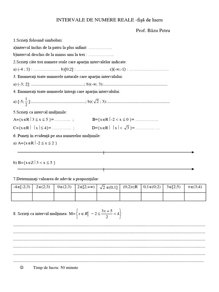 1 Intervale de Numere Reale Fisa de Lucru | PDF