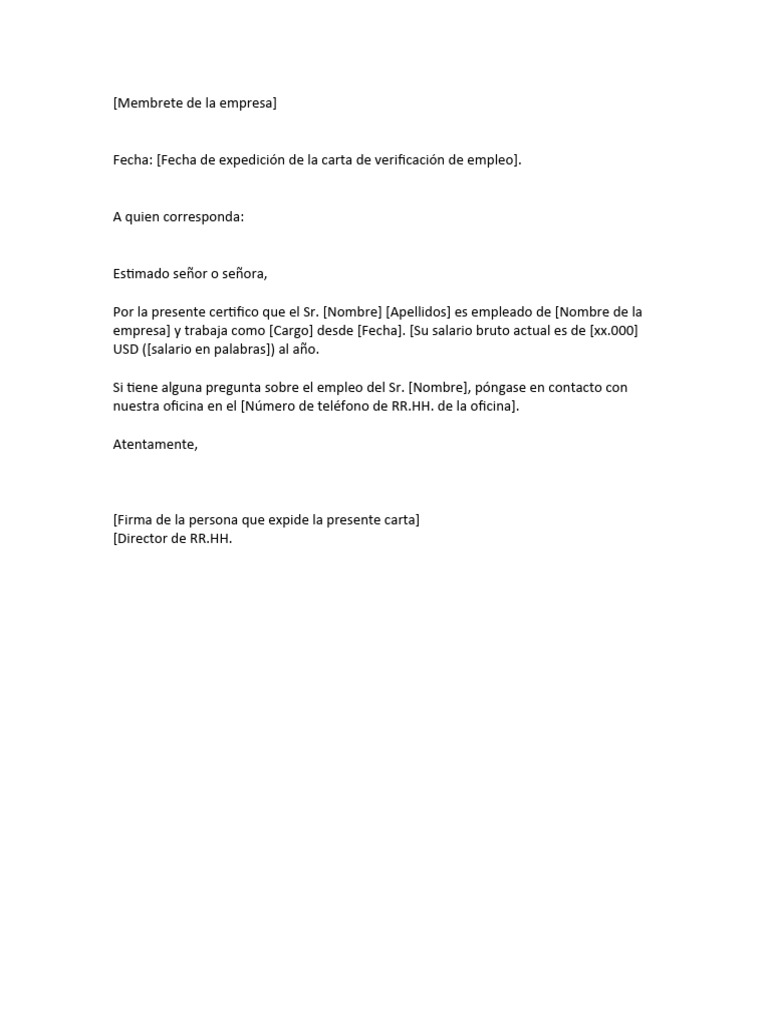Carta de verificación de empleo PDF