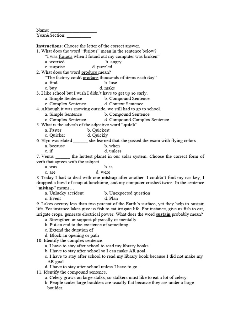 Test questionanaire grade 5 english pdf verb adjective