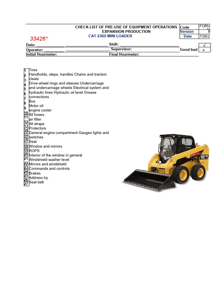 CAT 236D Mini Loader Pre-Use Checklist | PDF | Loader (Equipment ...