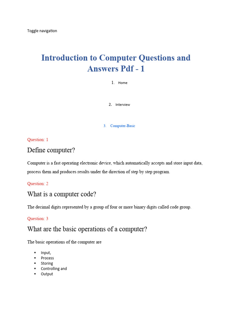 Introduction To Computer Questions and Answers PDF - 1 | PDF | Computer ...