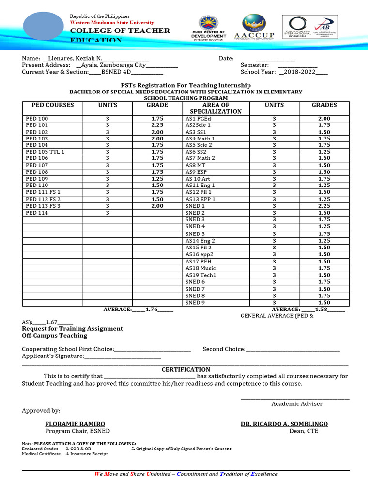 PSTs FORM BSNED PROGRAM EST PDF