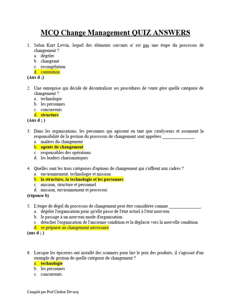 Quiz sur la gestion du changement MCQ | PDF | Direction | Gestion des ...