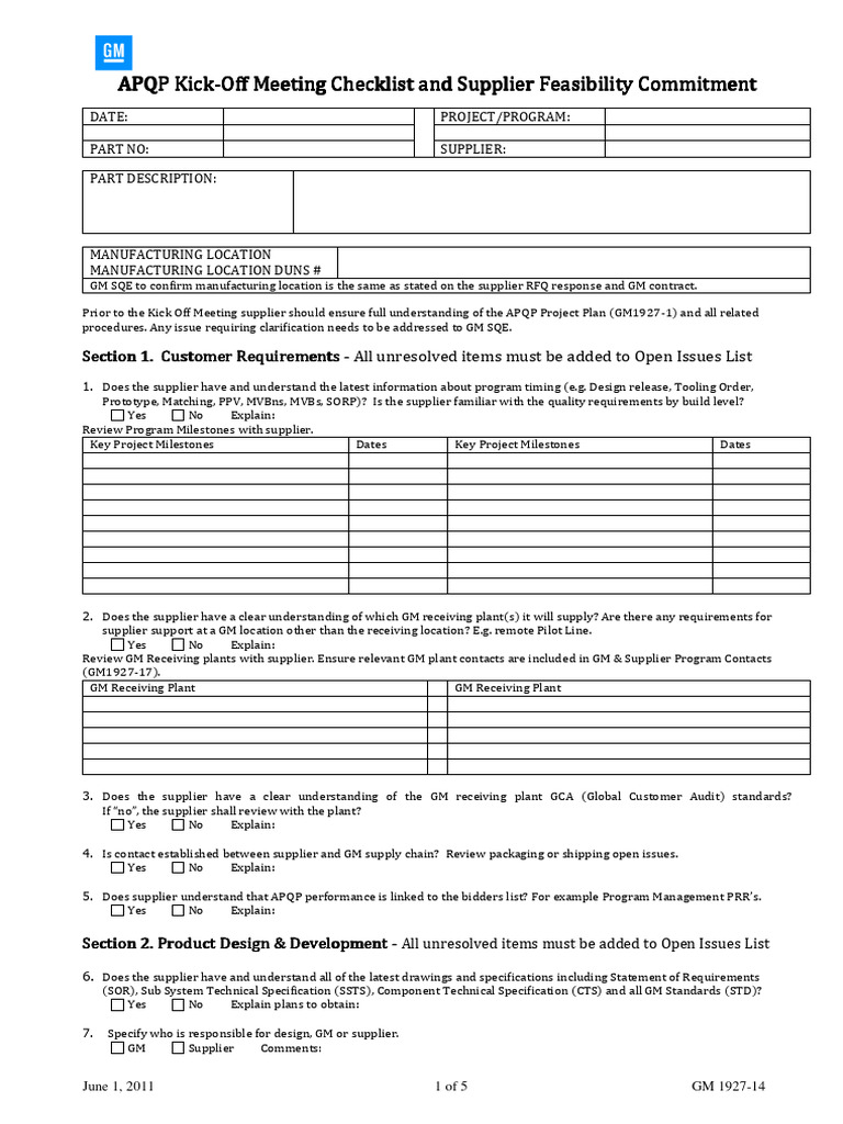APQP Kick-Off Meeting Checklist | PDF | Specification (Technical ...