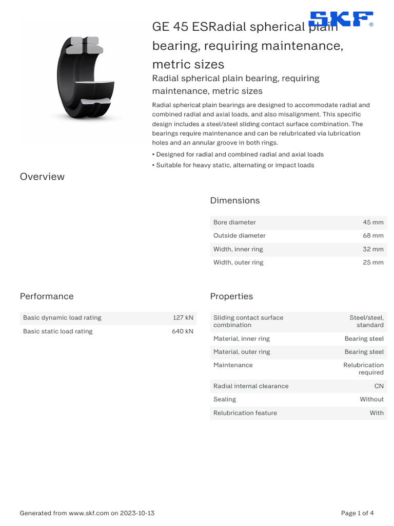 SKF GE 45 ESRadial Spherical Plain Bearing, Requiring Maintenance