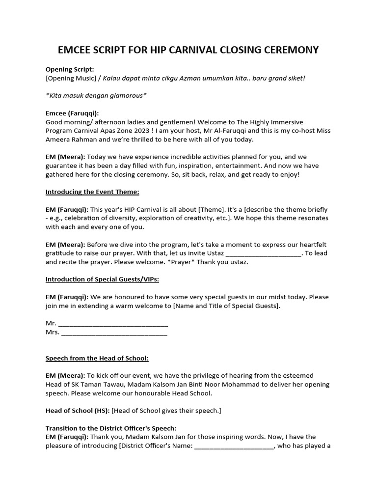 Emcee Script For Hip Carnival Closing Ceremony | PDF