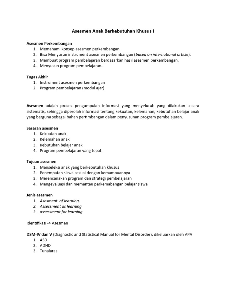 Asesmen Anak Berkebutuhan Khusus I Ringkasan Kuliah Pdf