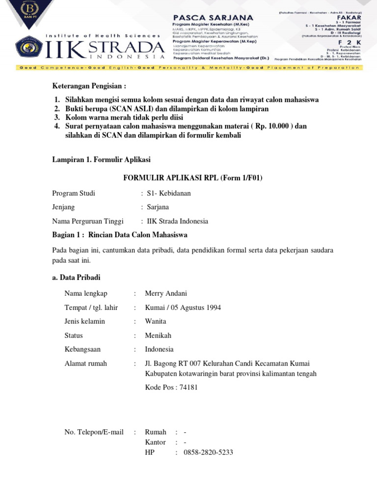 Formulir Aplikasi RPL S1 Kebidanan | PDF | Sains & Matematika