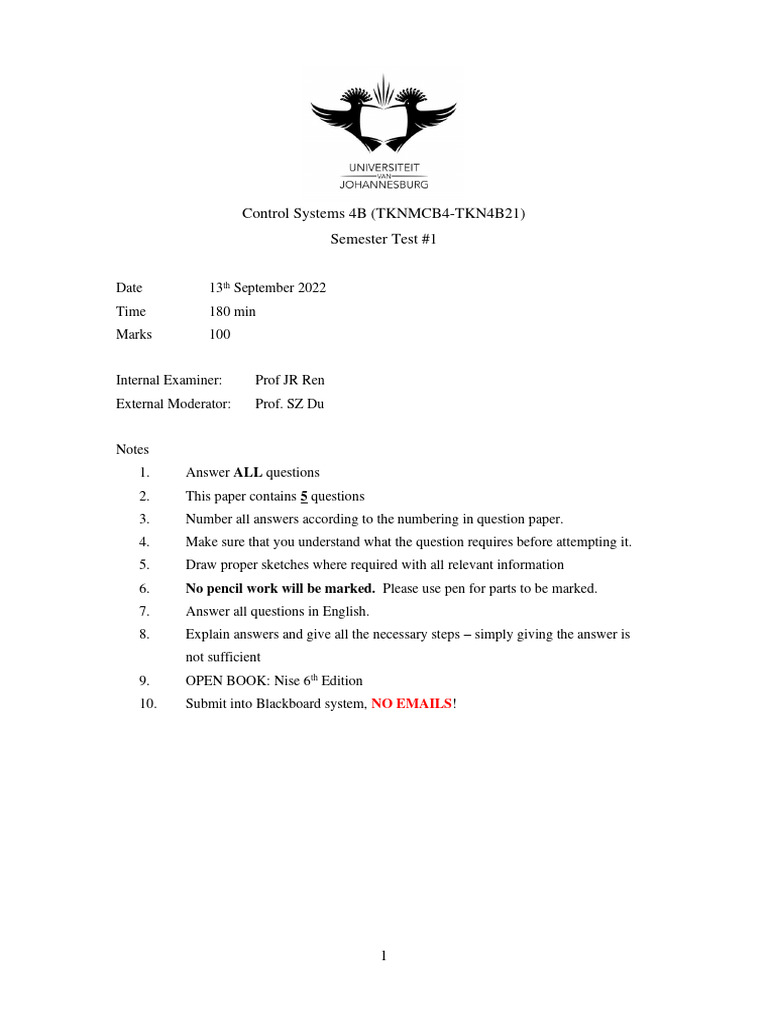 Control Systems Test #1 Questions | PDF | Control Theory | Applied ...