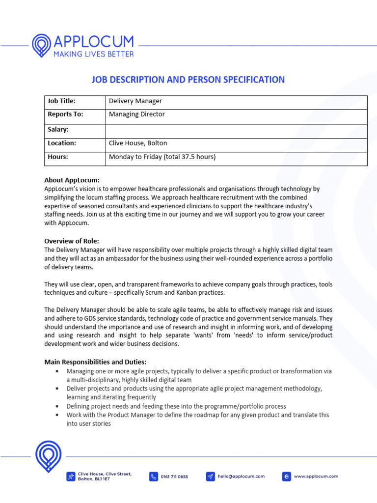 AppLocum Delivery Manager Job Description PDF