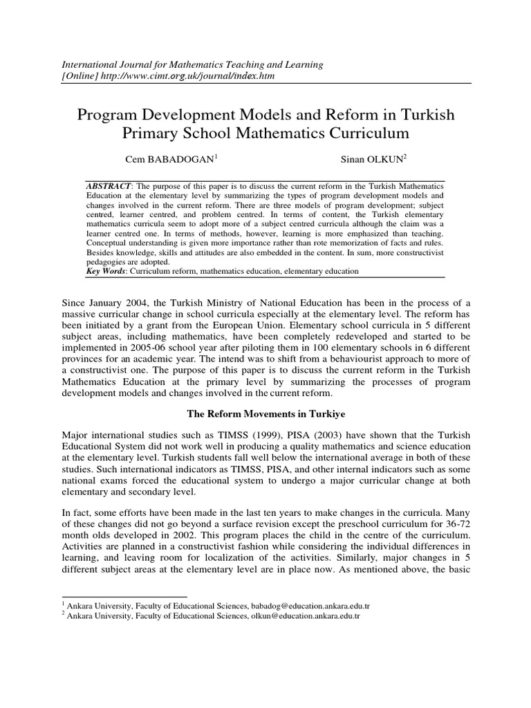 Reform in Turkish Math Curriculum | PDF