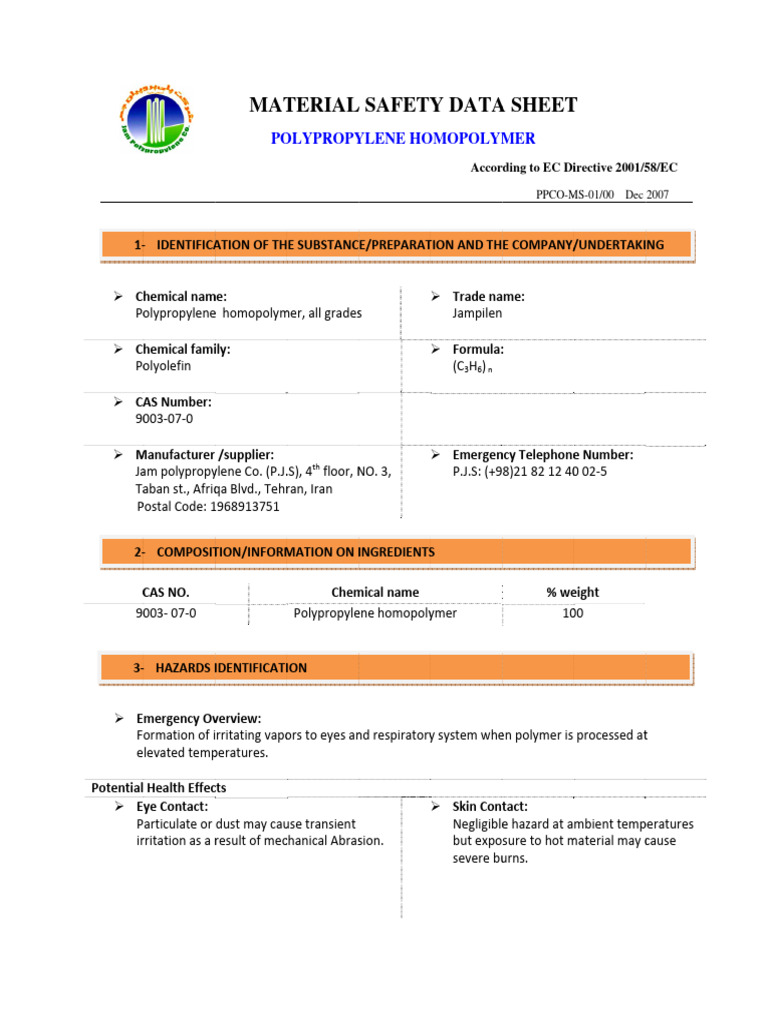 MSDS Polypropylene PDF Firefighting Hydrocarbons