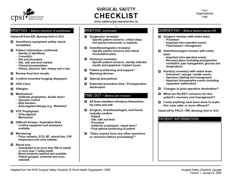 Surgical Safety Checklist Overview | PDF | Surgery | Anesthesia