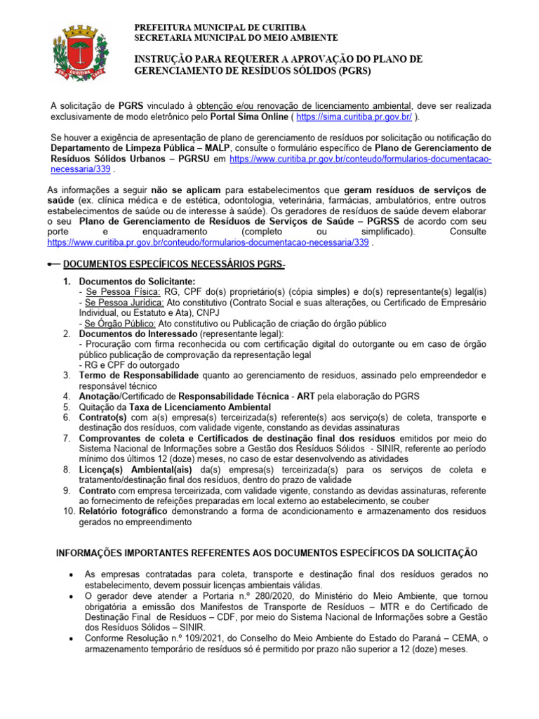 Instruções para Aprovação do PGRS em Curitiba | PDF | Desperdício