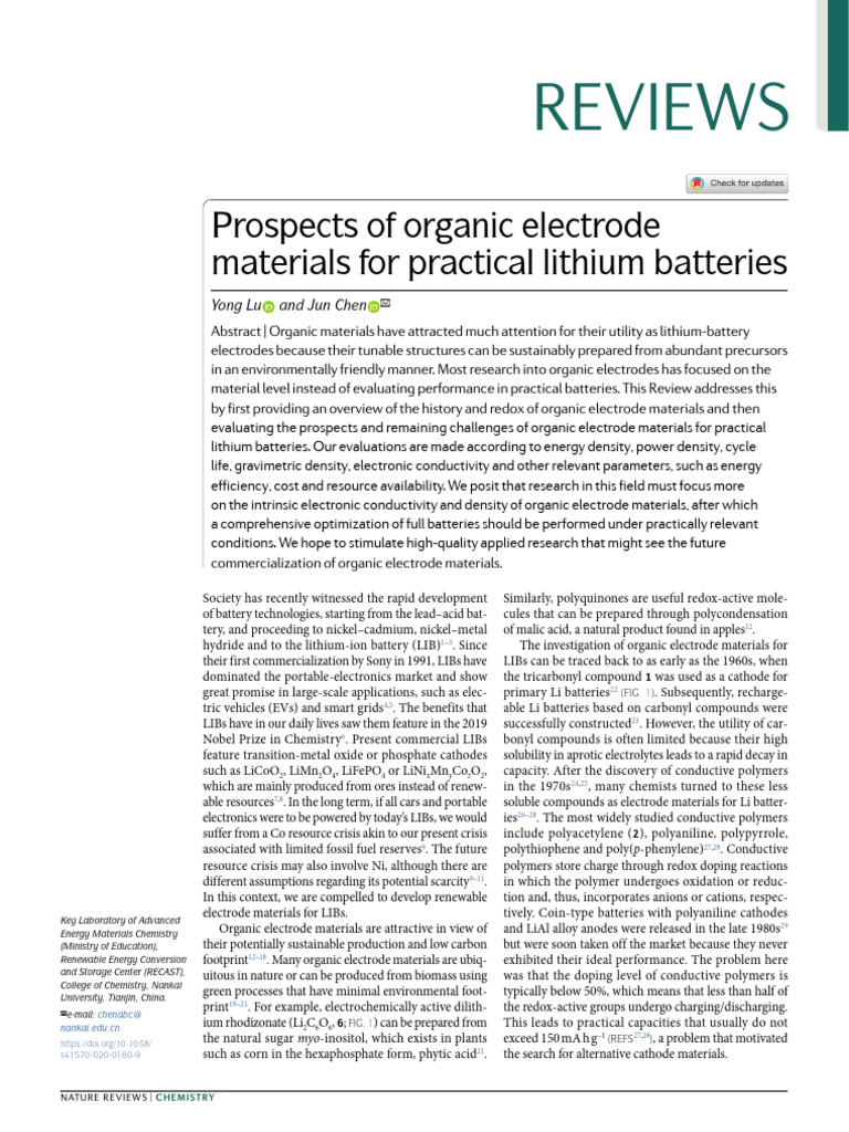 Organic Electrode Materials for Lithium Batteries | PDF | Lithium Ion ...