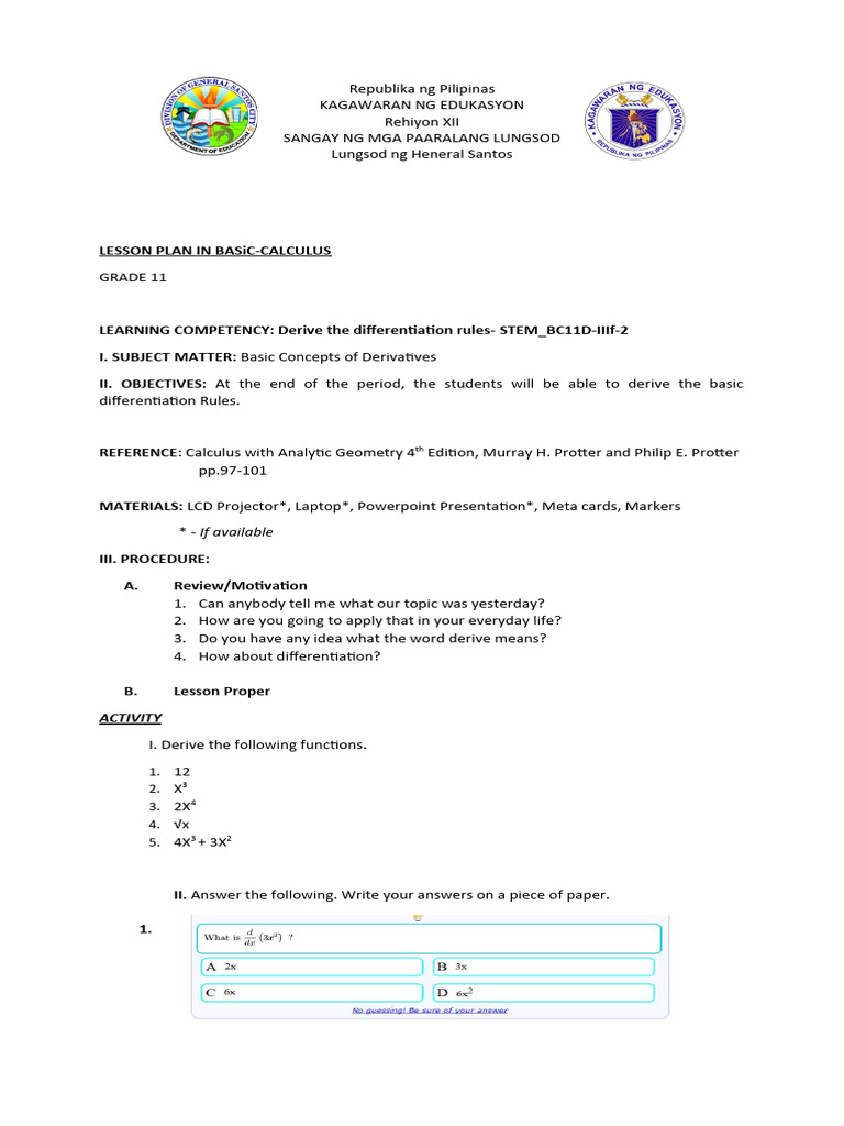 Grade 11 Basic Calculus Lesson Plan | PDF | Teaching Methods ...