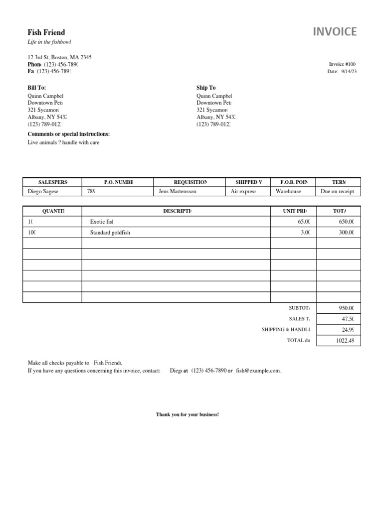 Fish Friends Invoice for Exotic Fish Sale | PDF