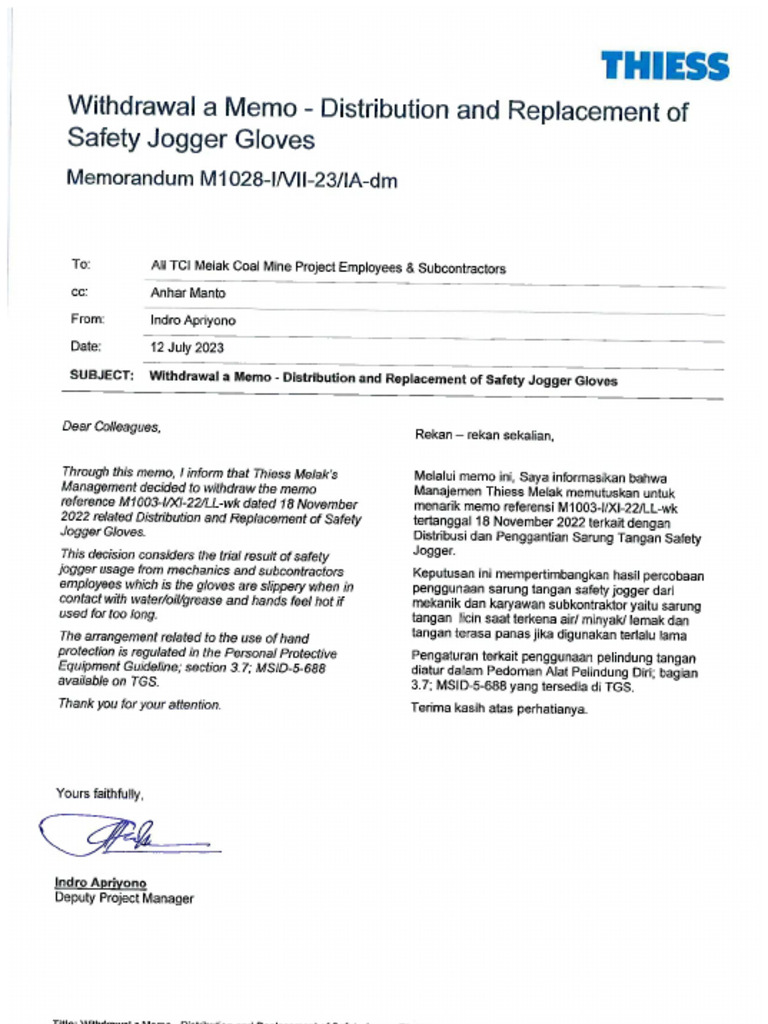M1028 Withdrawal A Memo Distribution and Replacement of Safety