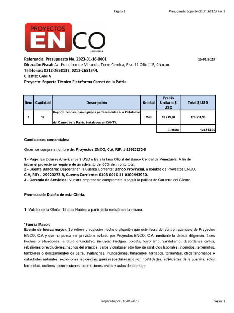 Presupuesto Soporte CDLP 160123 Rev 1 | PDF | Presupuesto