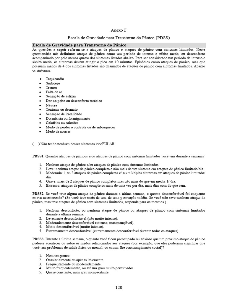 Escala de Gravidade do Pânico (PDSS) | PDF | Ataque de pânico ...