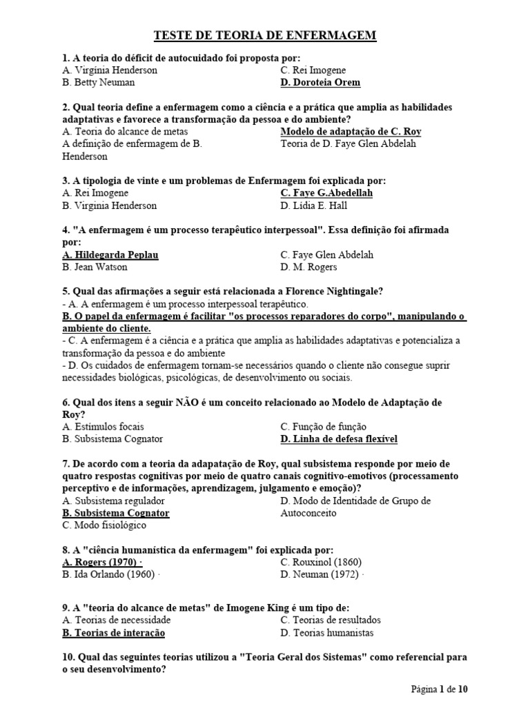 Questionário de Teoria de Enfermagem | PDF | Enfermagem | Experiência