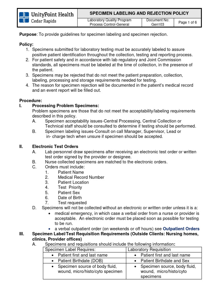 Specimen Rejection PDF