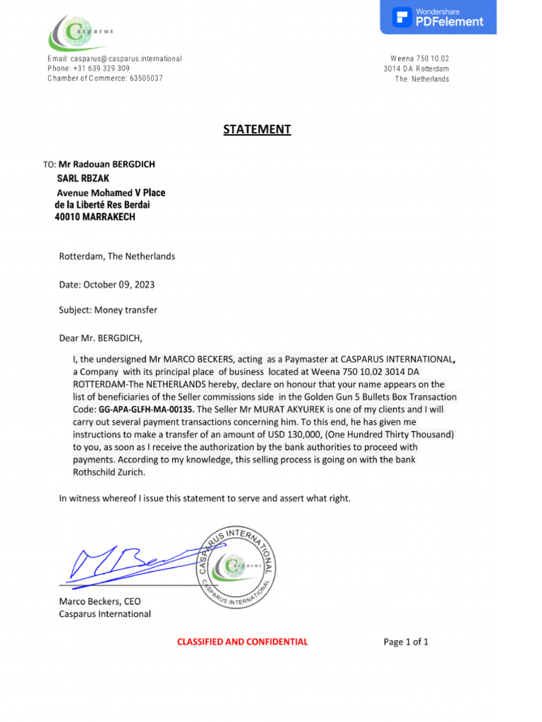 Payment Letter Casparius International | PDF