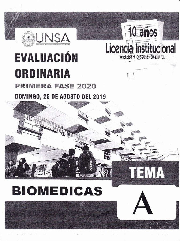 Examen de Admisión Ordinario UNSA 2020 Fase I - Biomédicas | PDF