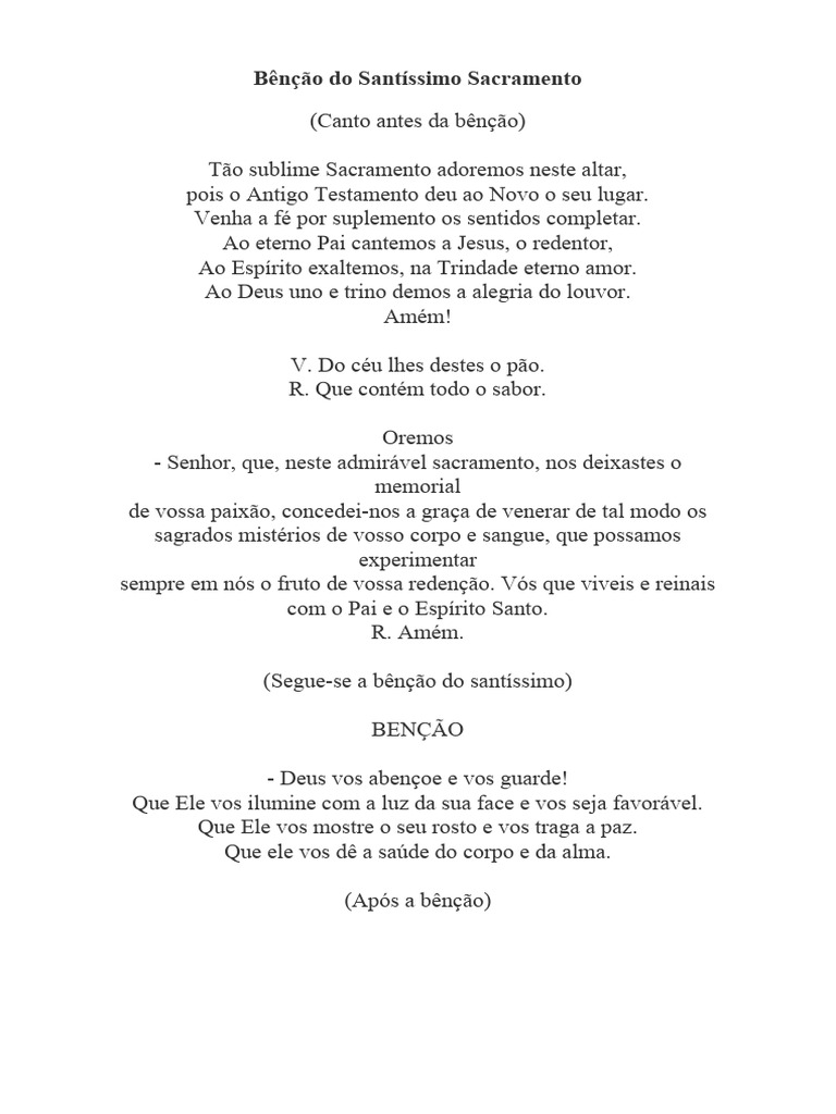 Bênção Do Santíssimo Sacramento Pdf Igreja Católica Teologia