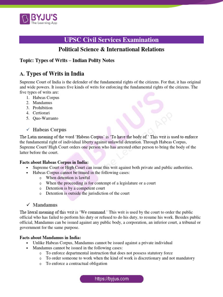 Types of Writs in Indian Constitution | PDF | Habeas Corpus | Writ Of ...
