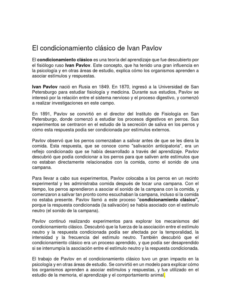 El Condicionamiento Clásico de Ivan Pavlov | PDF | Relaciones ...