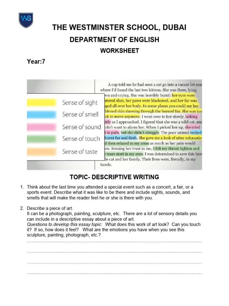 Descriptive Writing Worksheet for Year 7 | PDF