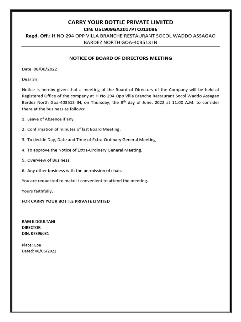 Notice for Board Meeting and Board Resolution PDF Corporations