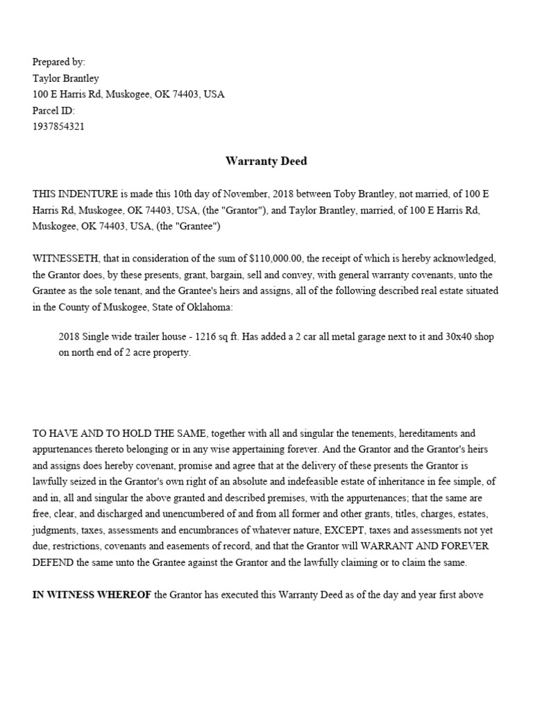 Warranty Deed PDF Deed Covenant (Law)