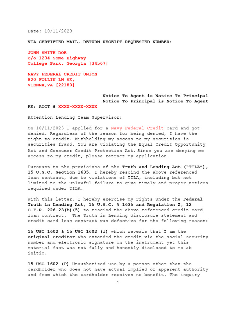 Rescission Notice Under TILA | PDF