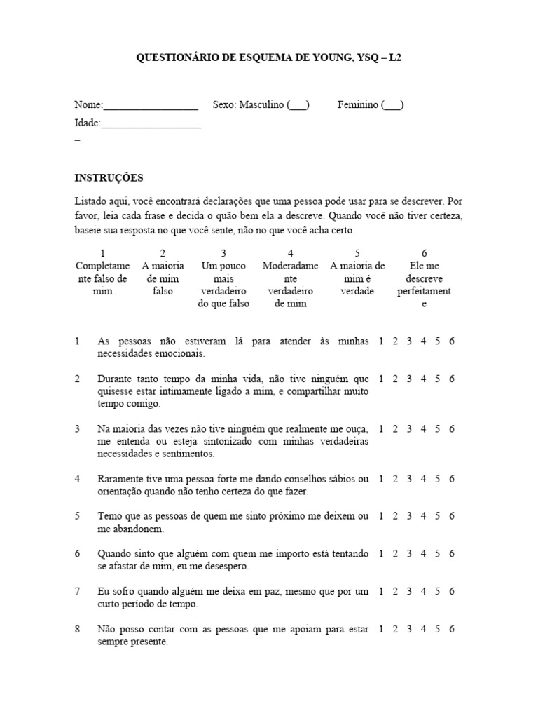 Questionário de Esquemas de Young | PDF | Teoria da Mente | Emoções