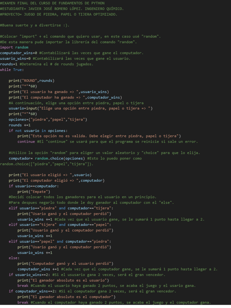 EXAMEN FINAL DEL CURSO DE FUNDAMENTOS DE PYTHON JAVIER ROMERO | PDF ...