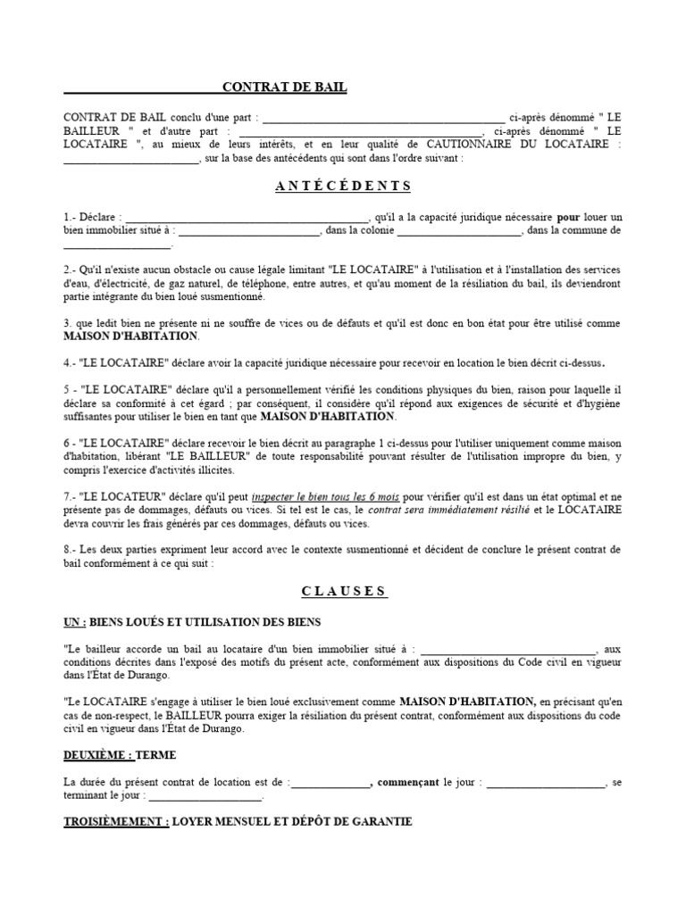 Modèle de contrat de bail standard | PDF | Location | Dettes