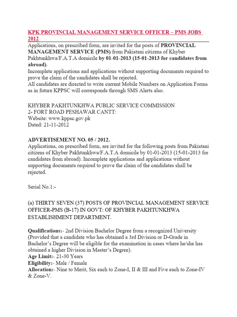 Pms 2012 KPK Advertisement | PDF