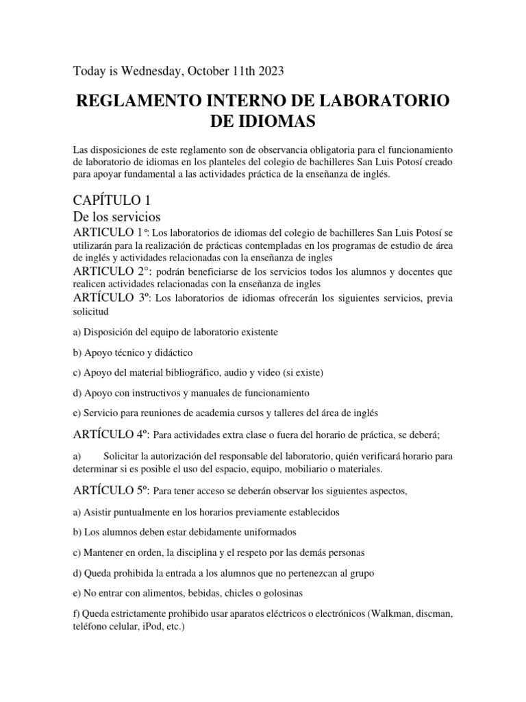 Reglamento Interno de Laboratorio de Idiomas | PDF | Laboratorios