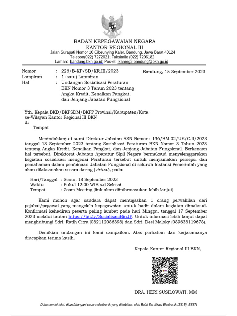 Undangan Sosialisasi Peraturan BKN No 3 Tahun 2023 | PDF