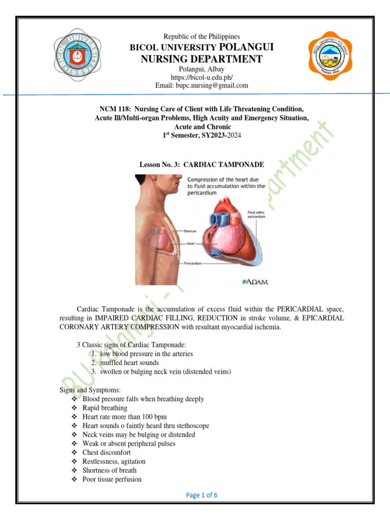 Cardiac Tamponade Nursing Care Guide | PDF | Heart | Pulse