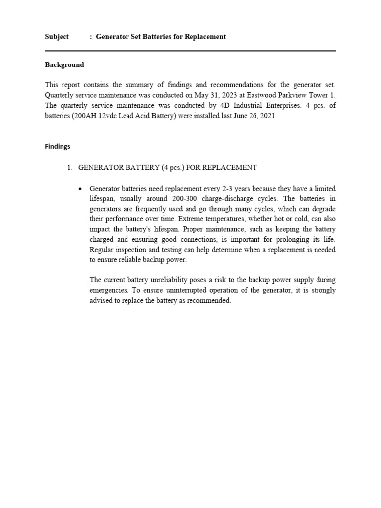 Generator Set Battery Replacement Report | PDF | Home & Garden ...