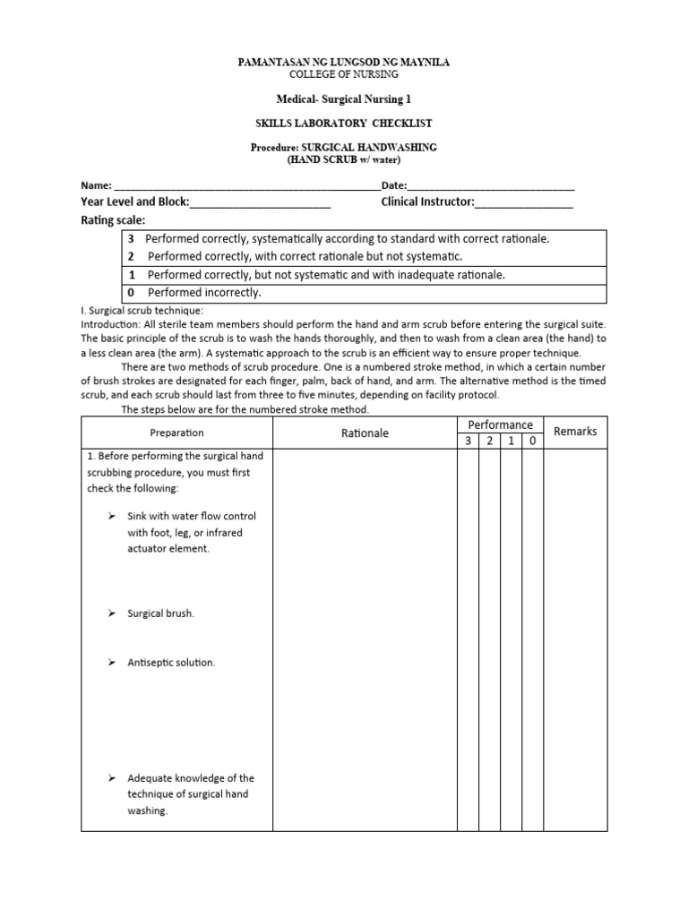 Surgical Scrubbing Procedure Students PDF Surgery Hand