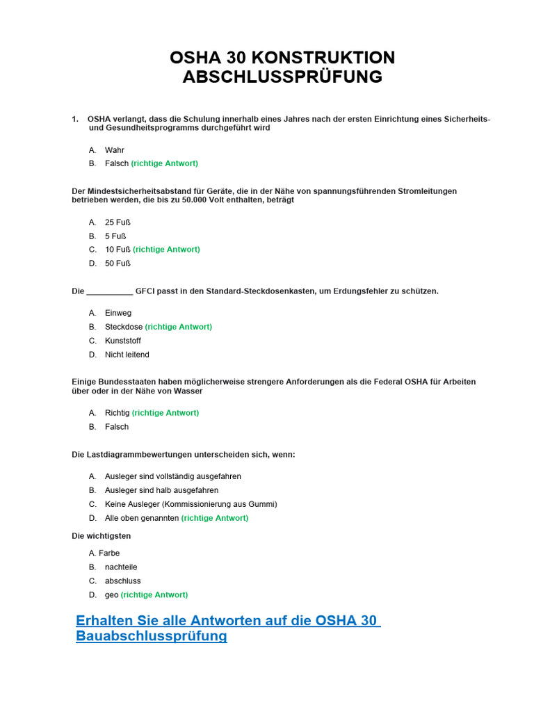 OSHA 30 Construction Final Test Answer Key PDF
