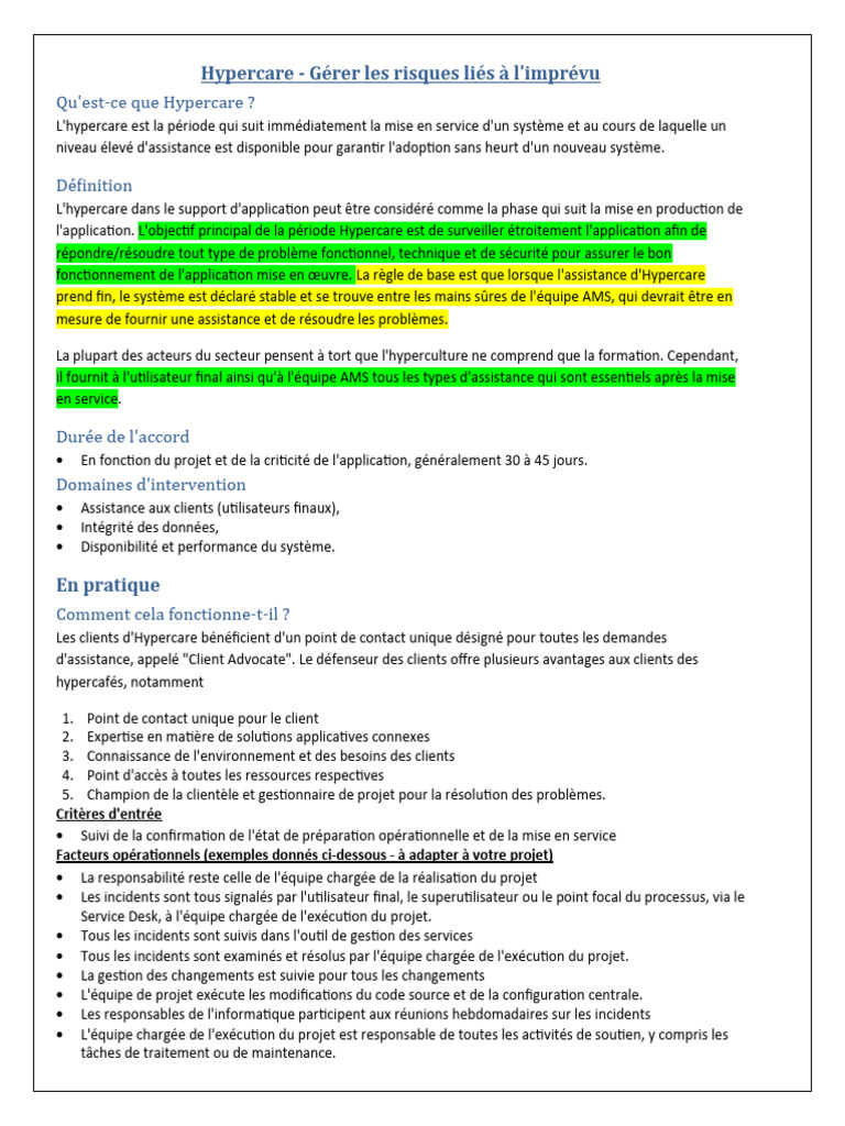 Hypercare : Gestion des risques post-lancement | PDF | Application ...
