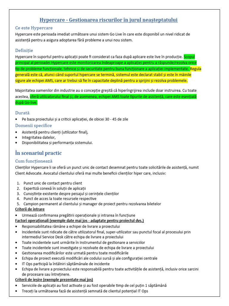 Abordarea Hypercare | PDF