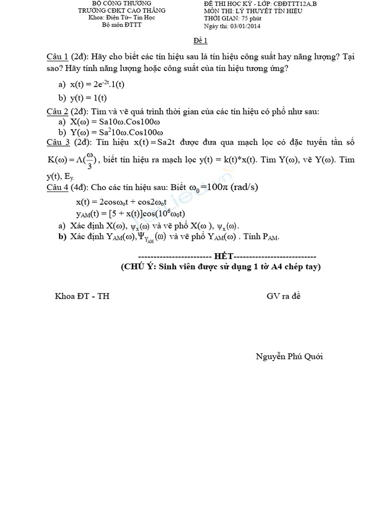 De Thi Ly Thuyet Tin Hieu Dttt12ab 9912 | PDF